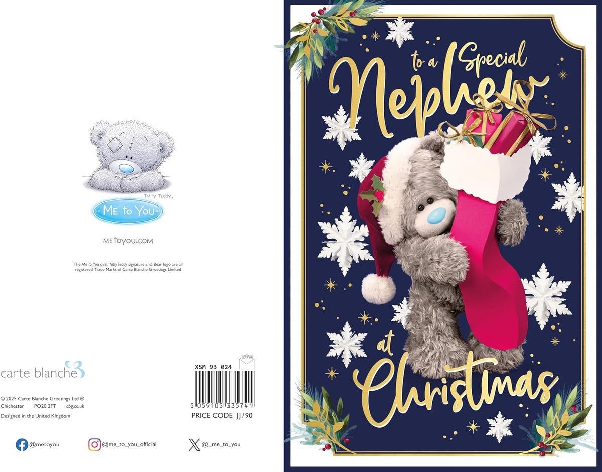 Bear Holding A Stocking Full Of Presents Special Nephew Photo Finish Christmas Card