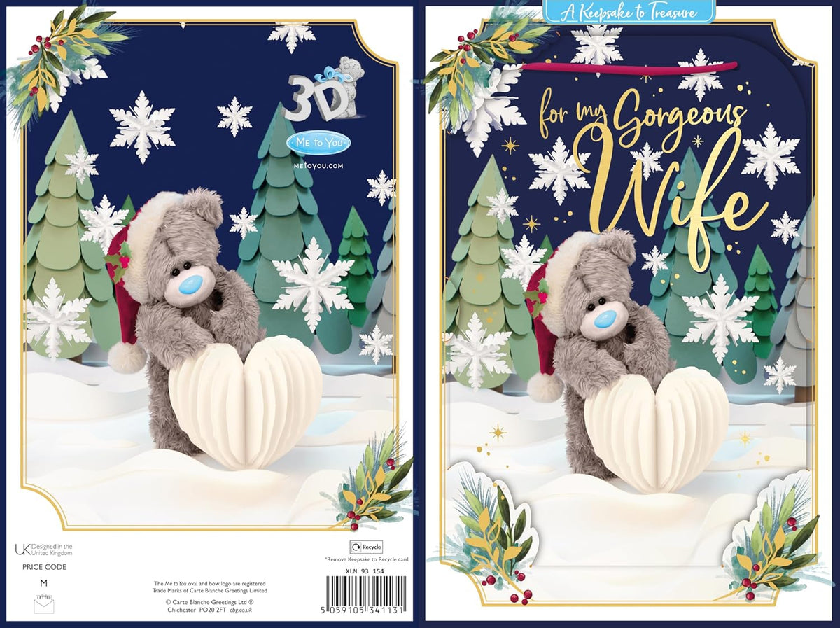 Bear With Paper Heart Gorgeous Wife 3D Christmas Keepsake Card