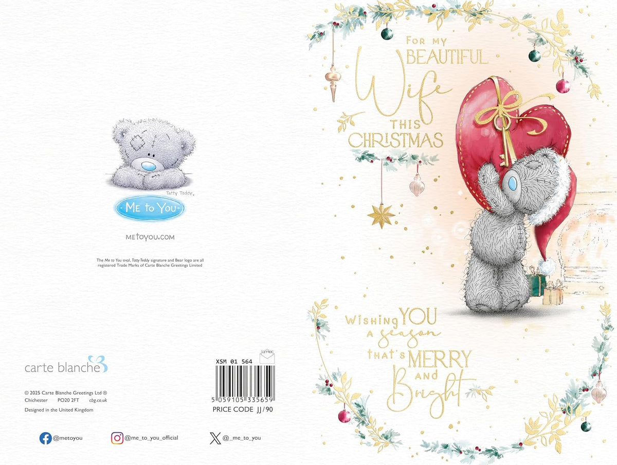 Bear Holding Up Big Red Heart Beautiful Wife Christmas Card