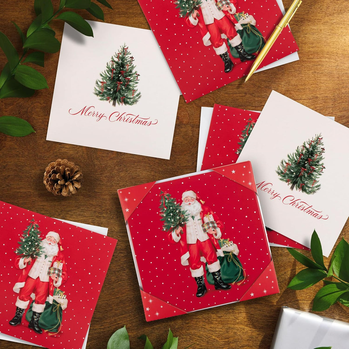 Tree and Santa Designs Pack of 10 in 2 Designs Christmas Cards