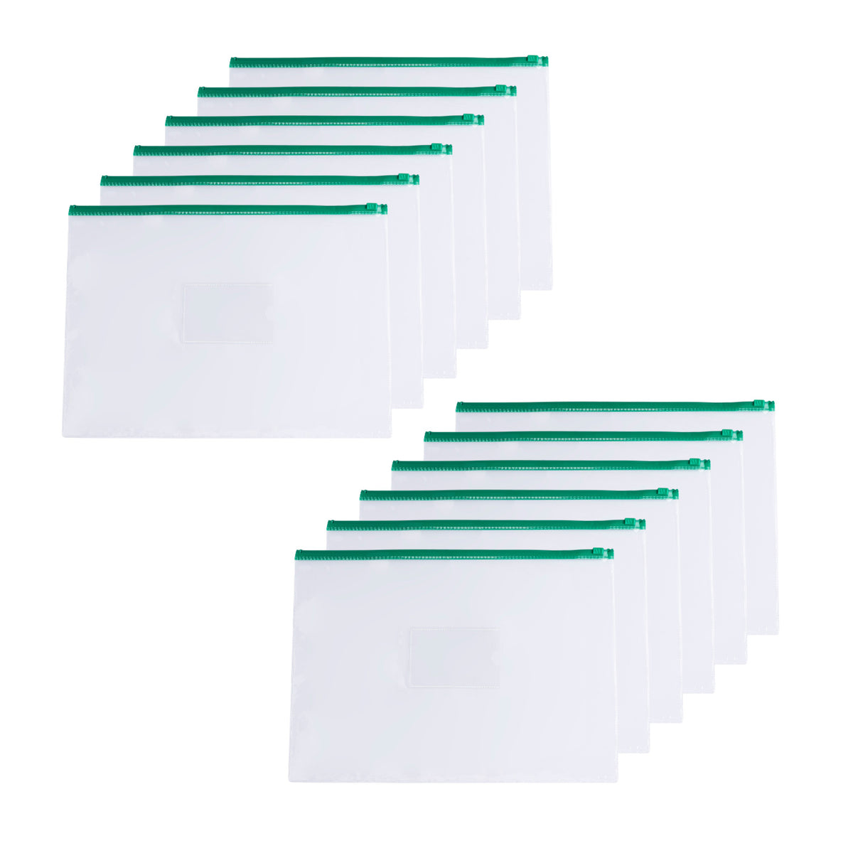 Pack of 12 A4 Clear Zippy Bags with Green Zip