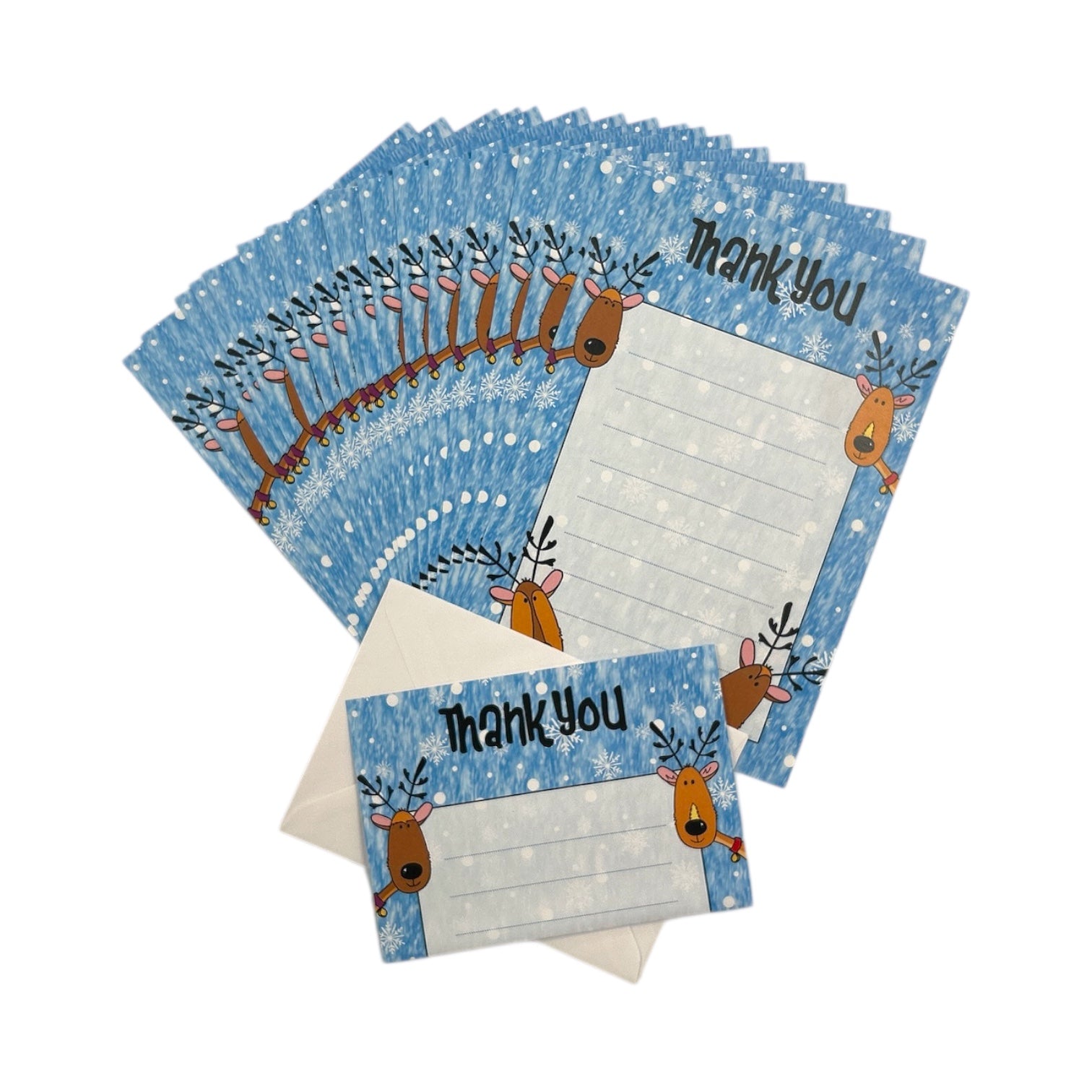 Pack of 20 Christmas Snow Reindeer Thank You Sheets With Envelopes