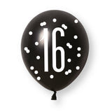 Pack of 6 Birthday Black Platinum Pearl Glitz Number 16 12" Latex Balloons