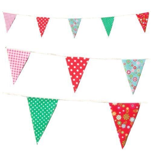 C1002 Red and Green Shabby Chic Vintage Print Bunting 10m with 20 Pennants