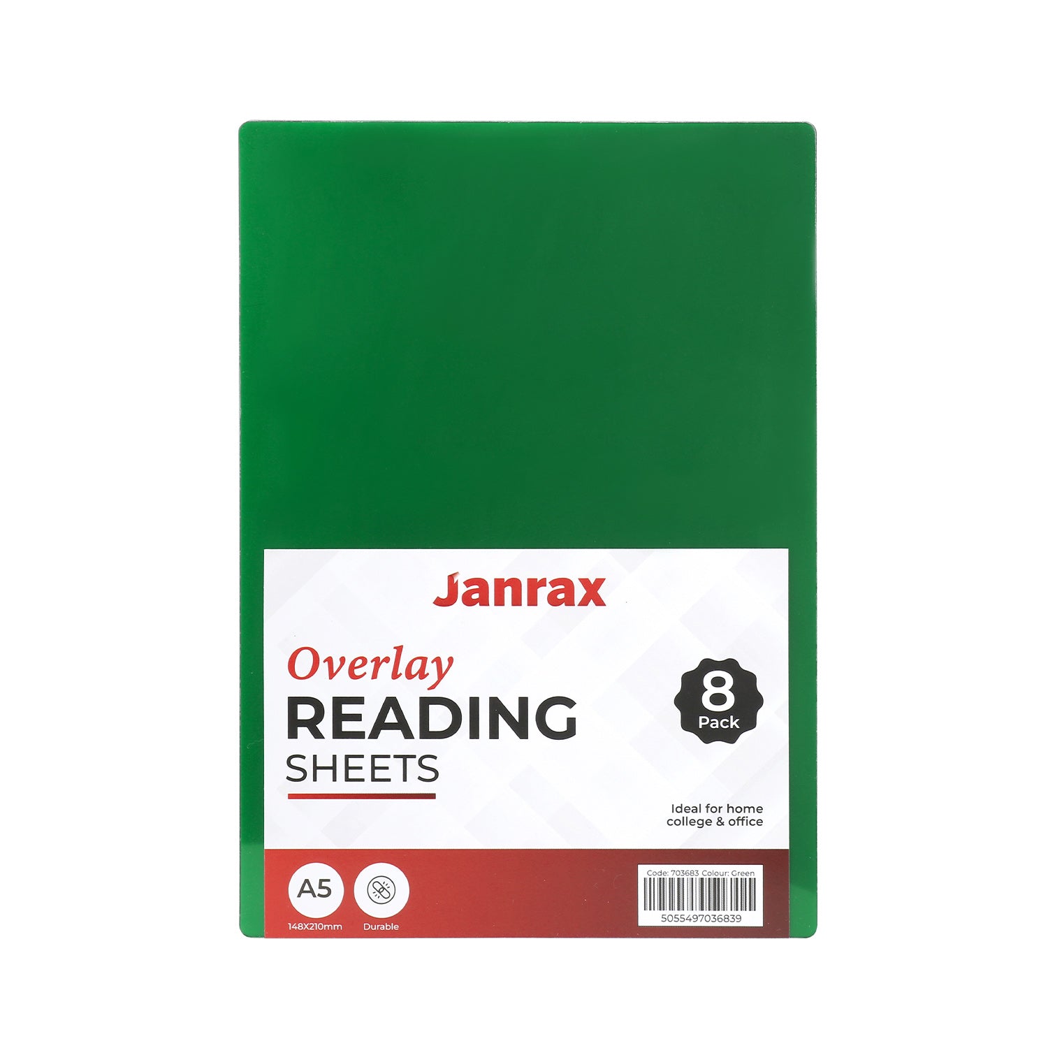 Pack of 8 A5 Plain Green Dyslexia Overlay Reading Sheets – PET Material, Rounded Corners