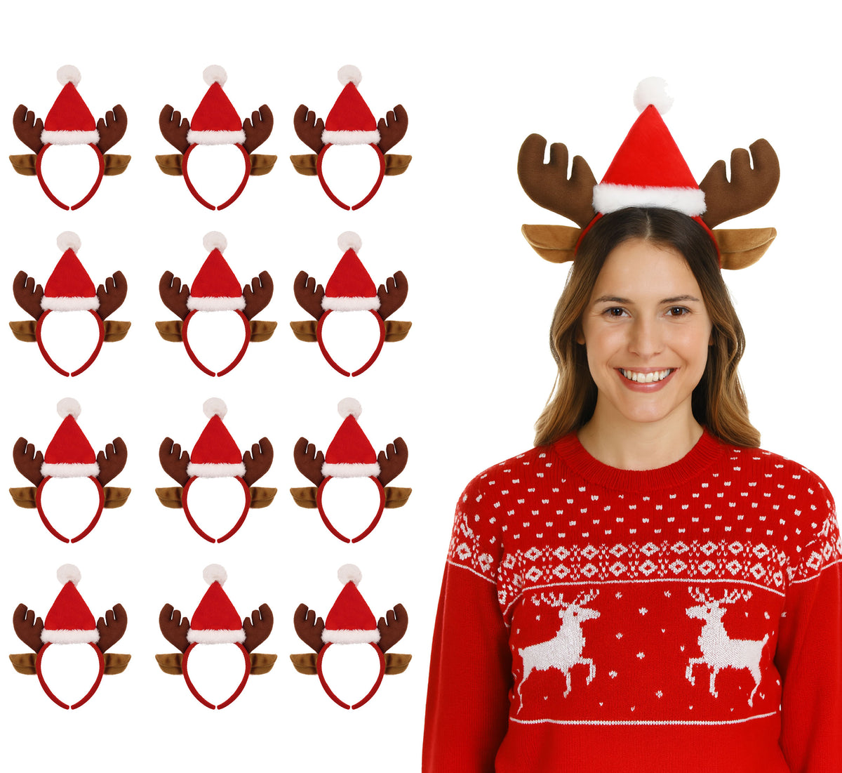Christmas Reindeer Headband with Ears and Santa Hat