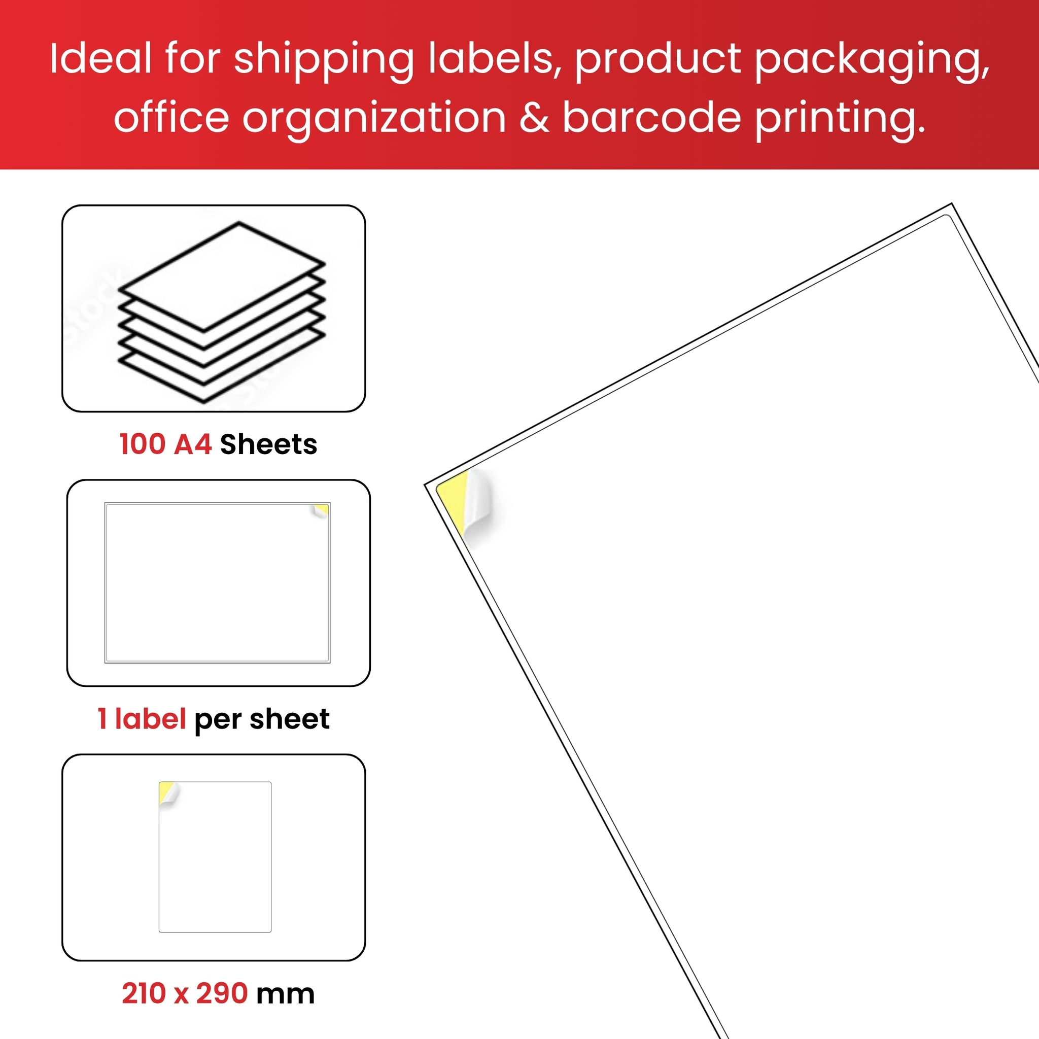 Pack of 100 White 210x290mm Self Adhesive Labels (1 Label per A4 Sheet)