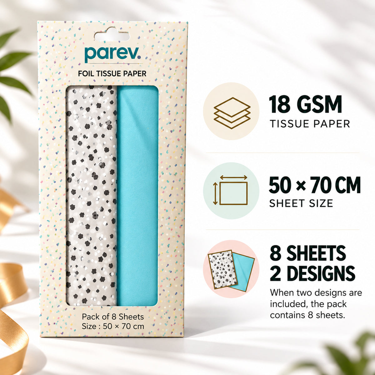 Pack of 8 Diamond Sparkle Luxury Foil Design & Plain Sky Blue 50 x 70 cm Tissue Sheets - Birthday Summer Everyday Celebrations