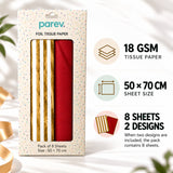 Pack of 8 Abstract Stripes Luxury Foil Design & Plain Red 50 x 70 cm Tissue Sheets - Christmas Wedding Valentine's Day