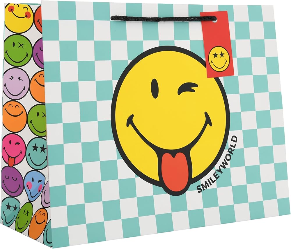 Smiley Checked Design Large Landscape Gift Bag Birthdays, Thank You Any Occasion