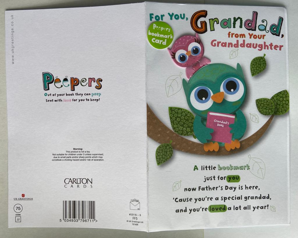 Grandad From Granddaughter Cut Owls Father's Day Card With Book Mark 