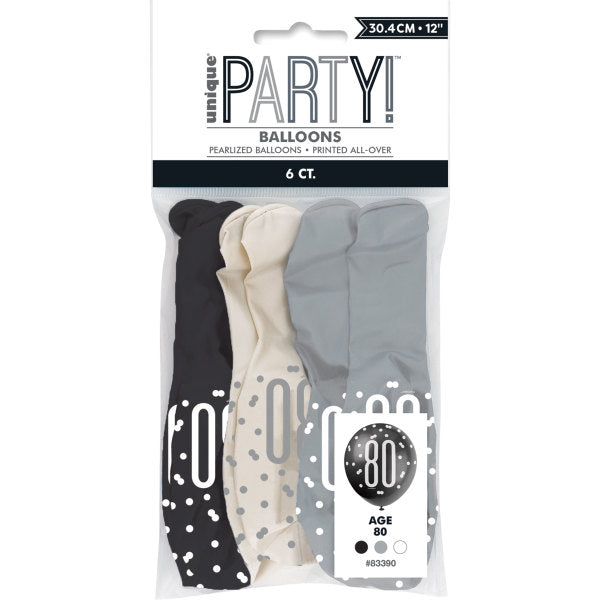 Pack of 6 Birthday Glitz Black, Silver, & White Number 80 12" Latex Balloons