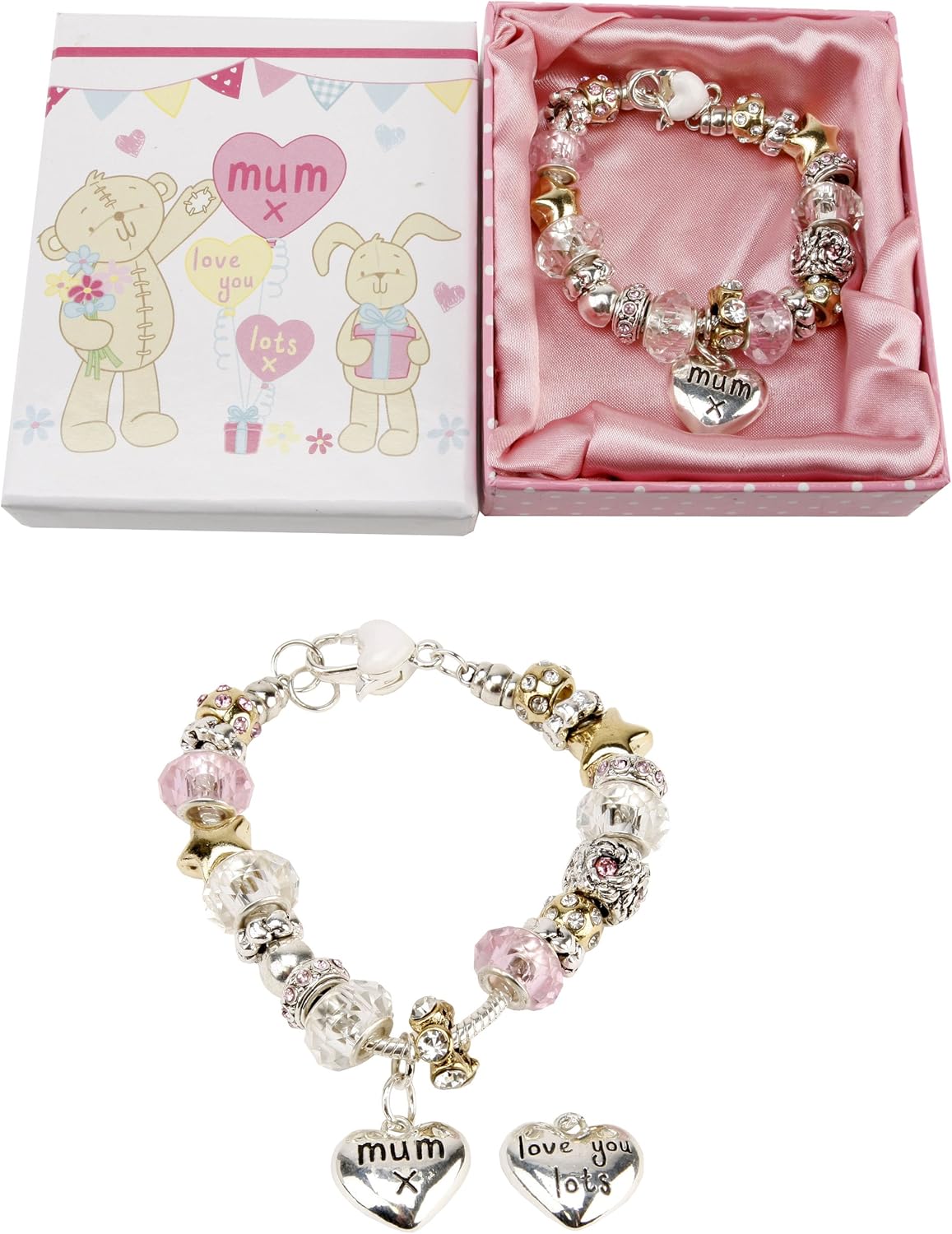 Mum x Charm Bracelet with Heart & Pink Crystals 