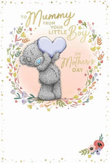 Bear Holding Blue Heart Mummy From Little Boy Mother's Day Card