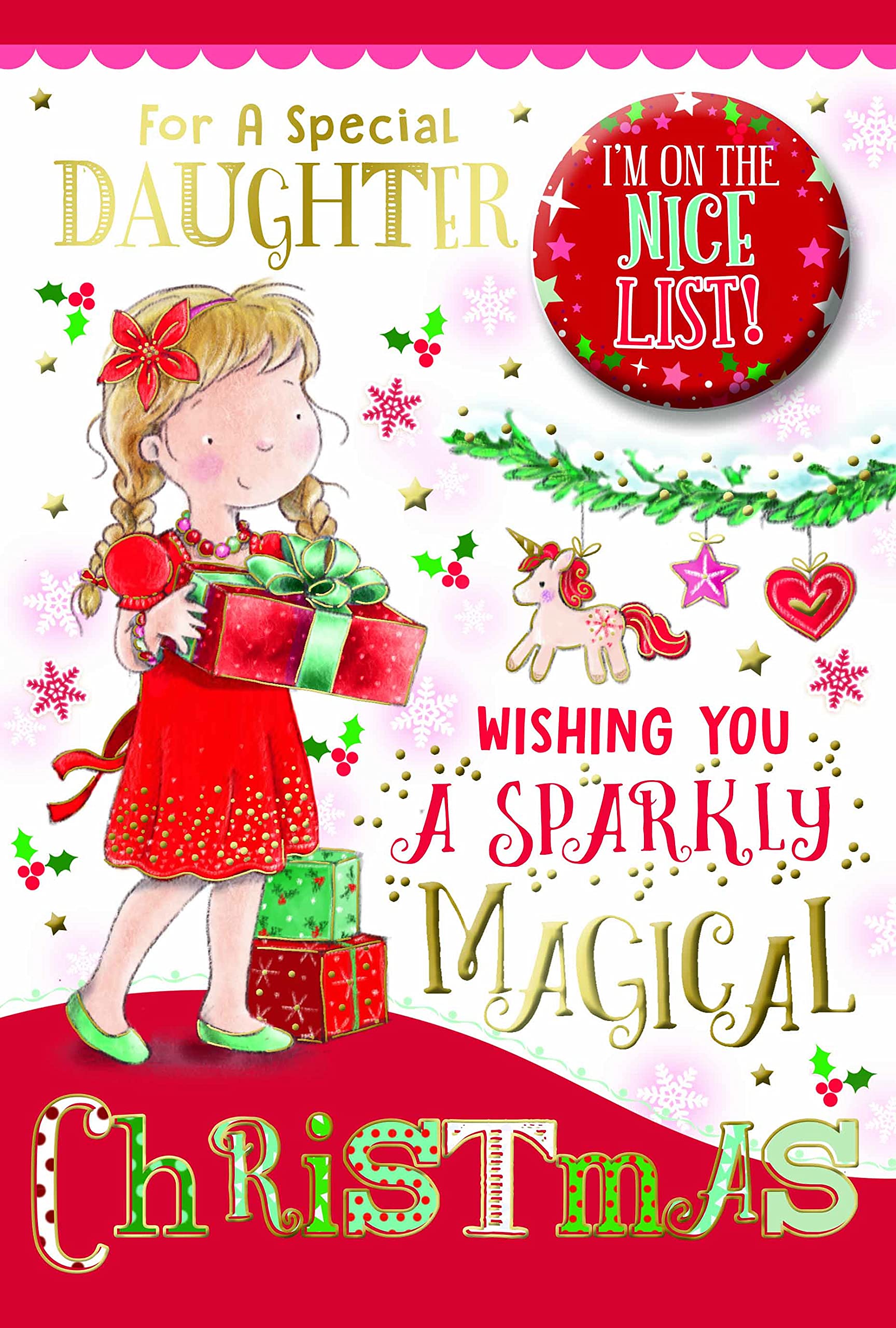 For a Special Daughter Sparkly Magical Christmas Card with Badge