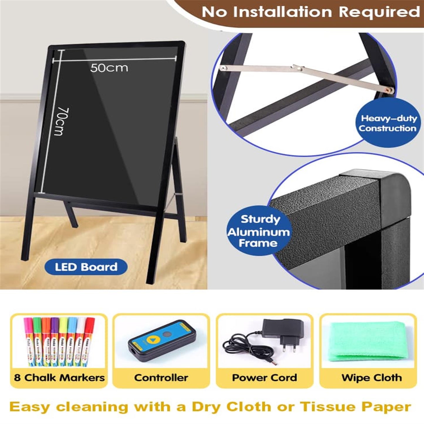 Aluminum Frame LED Writing Board – 70×50 cm Illuminated Display with Tempered Glass Panel