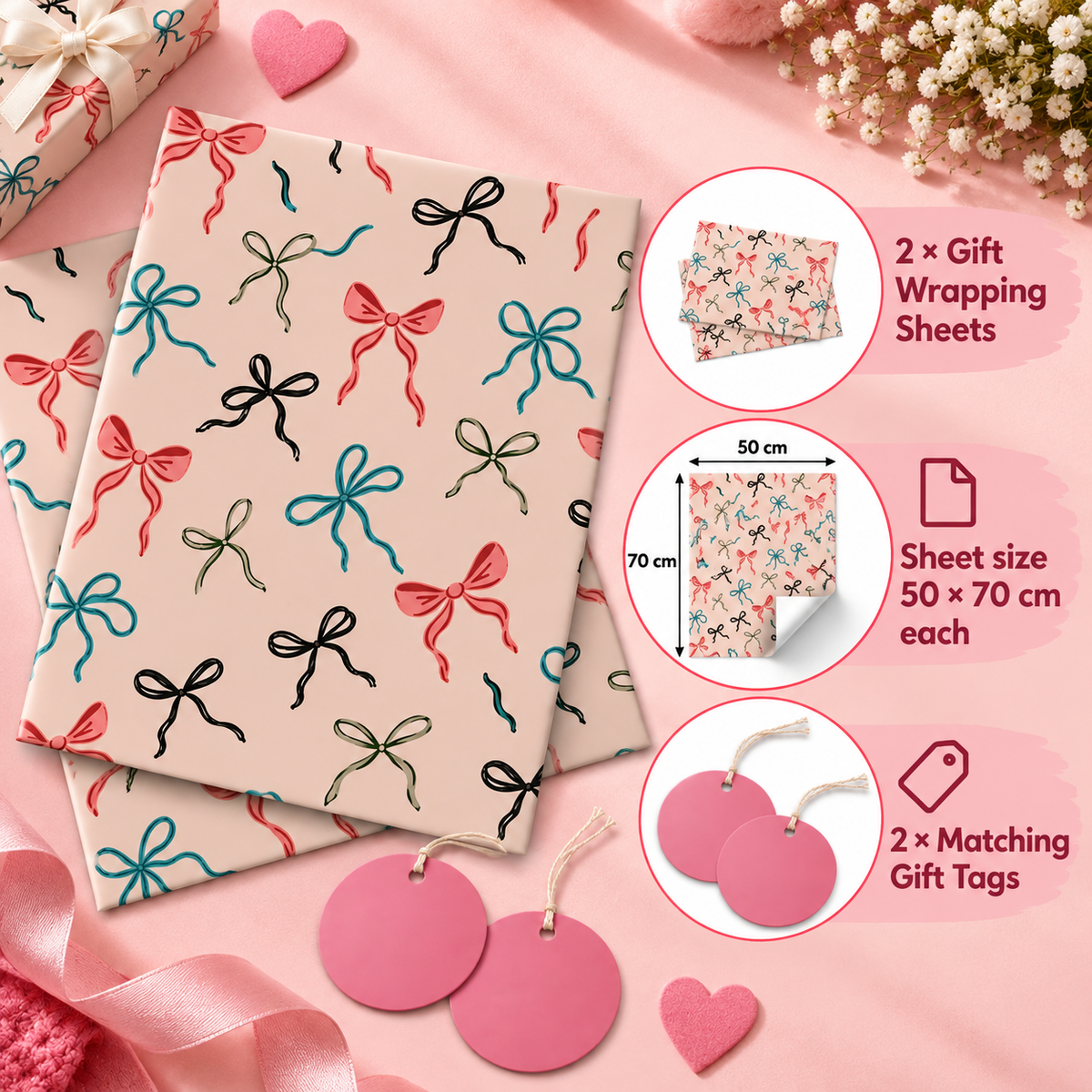 Pack of 2 Bow Pattern Design 50 x 70 cm Gift Wrap Sheets with 2 Tags - Christmas Birthdays Parties Holiday Gifting