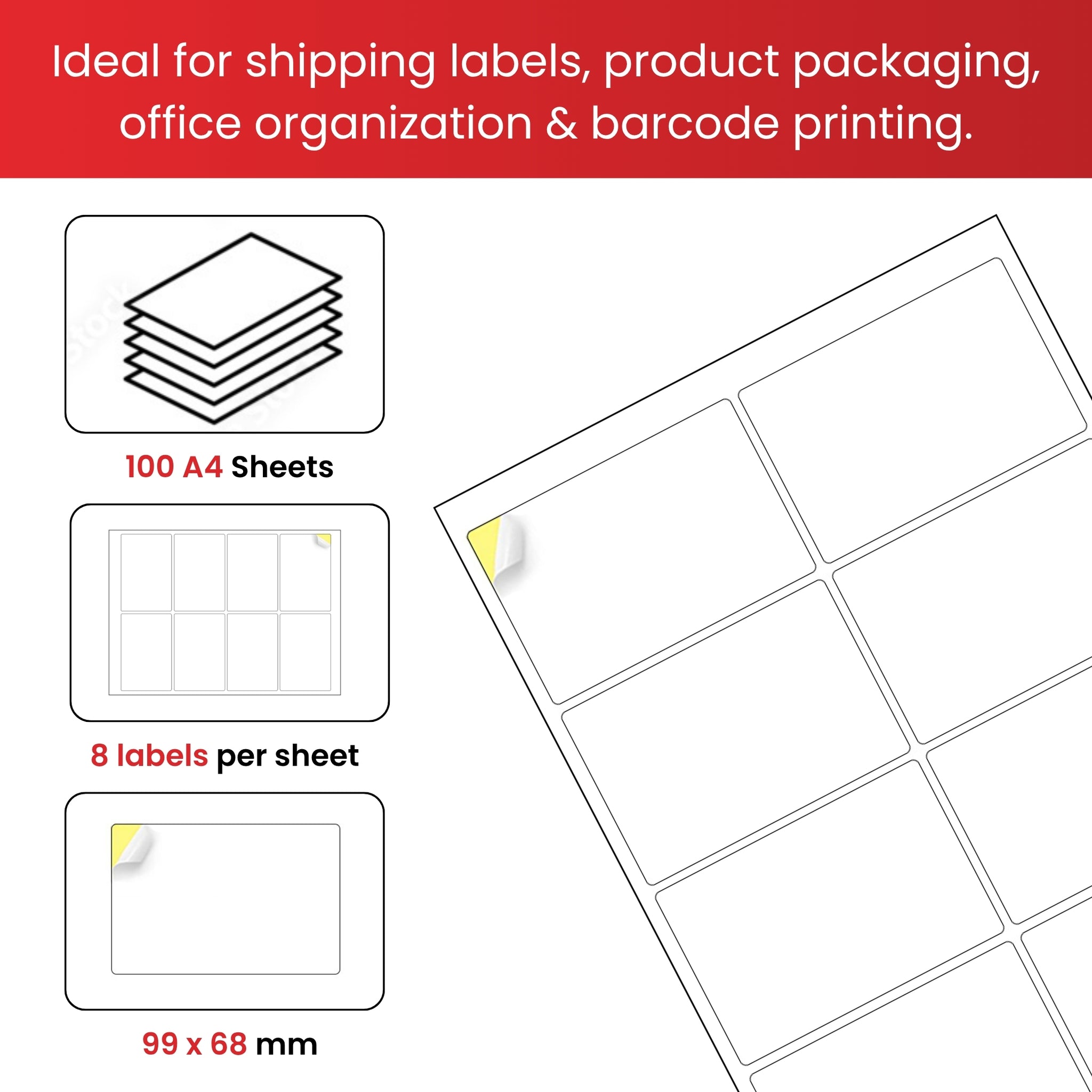 Pack of 800 White 99x68mm Self Adhesive Labels (8 Labels per A4 Sheet)