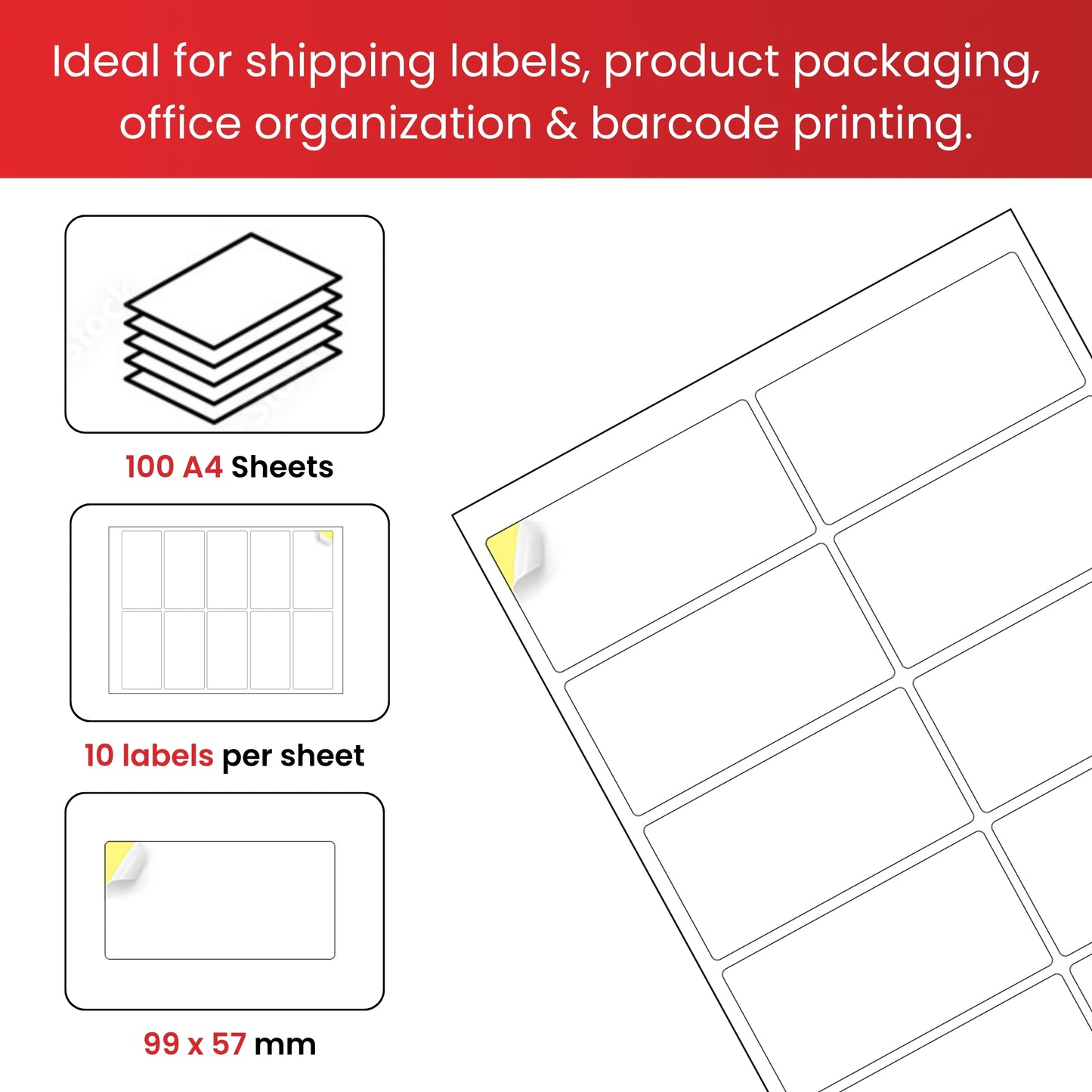 Pack of 1000 White 99x57mm Self Adhesive Labels (10 Labels per A4 Sheet)