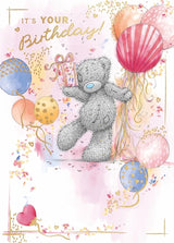 Bear Holding Present And Balloons Birthday Card