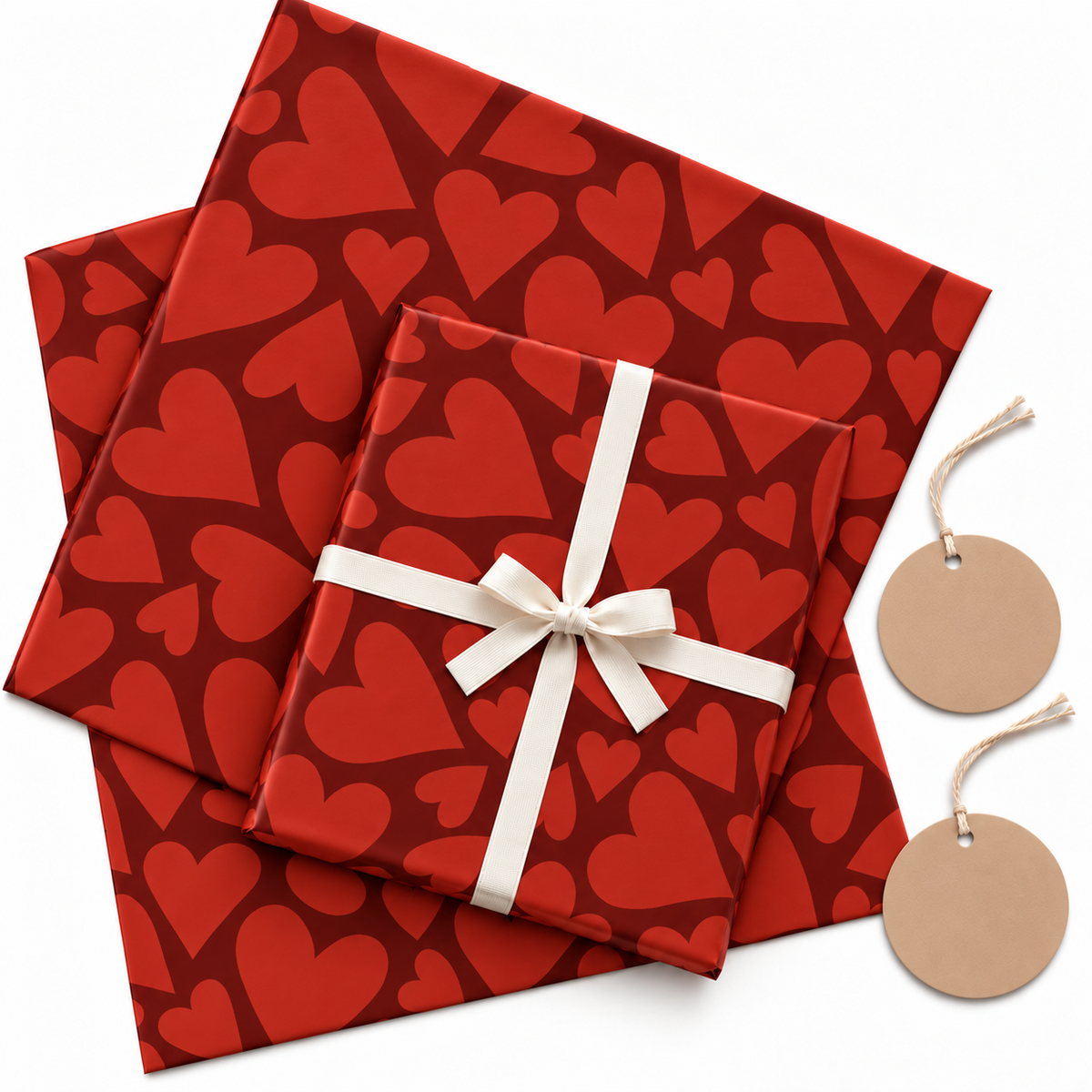 Pack of 2 Scarlet Hearts Design 50 x 70 cm Gift Wrap Sheets with 2 Tags - Valentine’s Day Christmas Romantic Occasions Birthdays