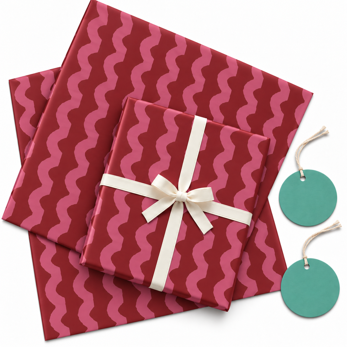 Pack of 2 Cherry Waves Design 50 x 70 cm Gift Wrap Sheets with 2 Tags - Christmas Birthdays Kids Party Holiday Gifting