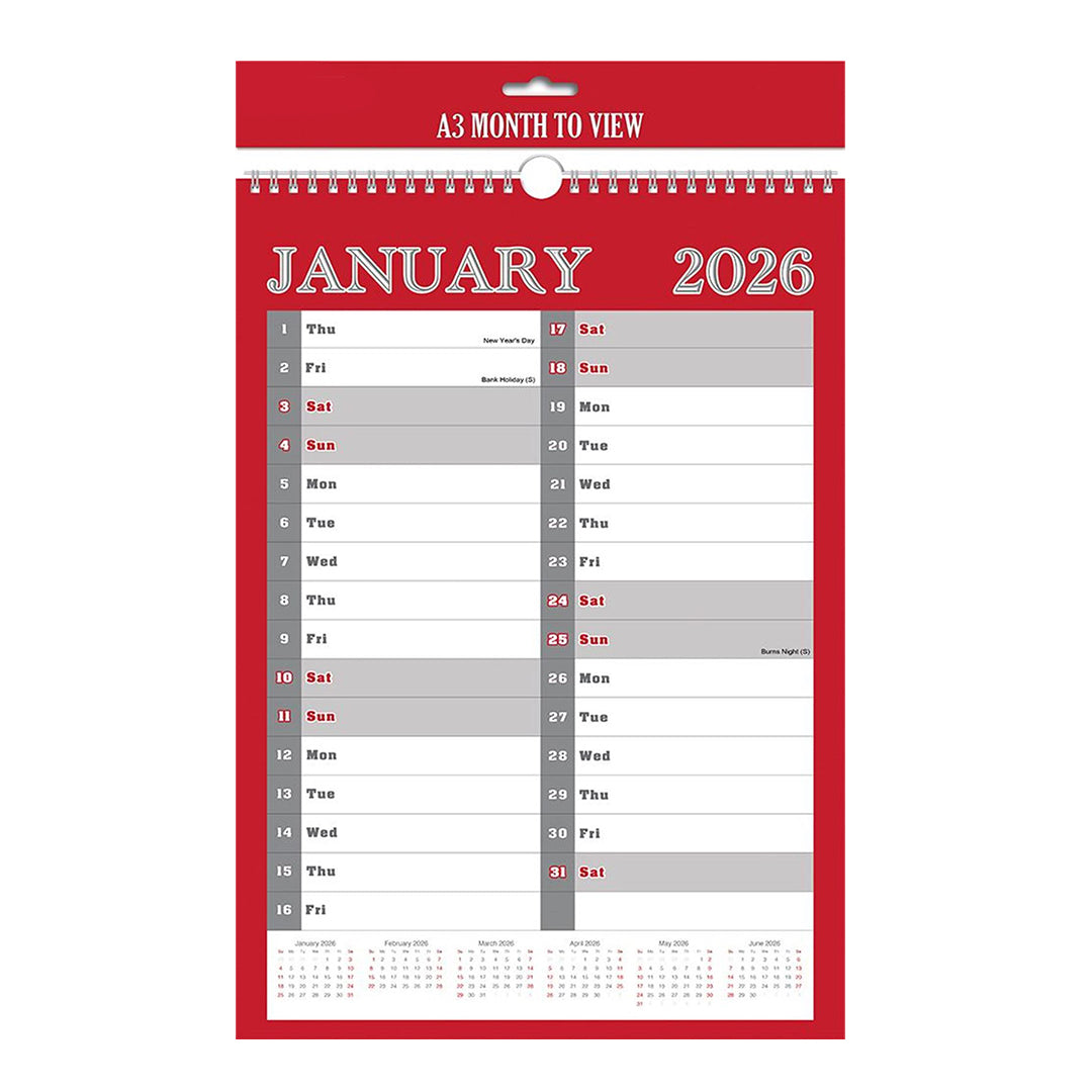 A3 Month To View Calendar 2026 – 297mm x 420mm