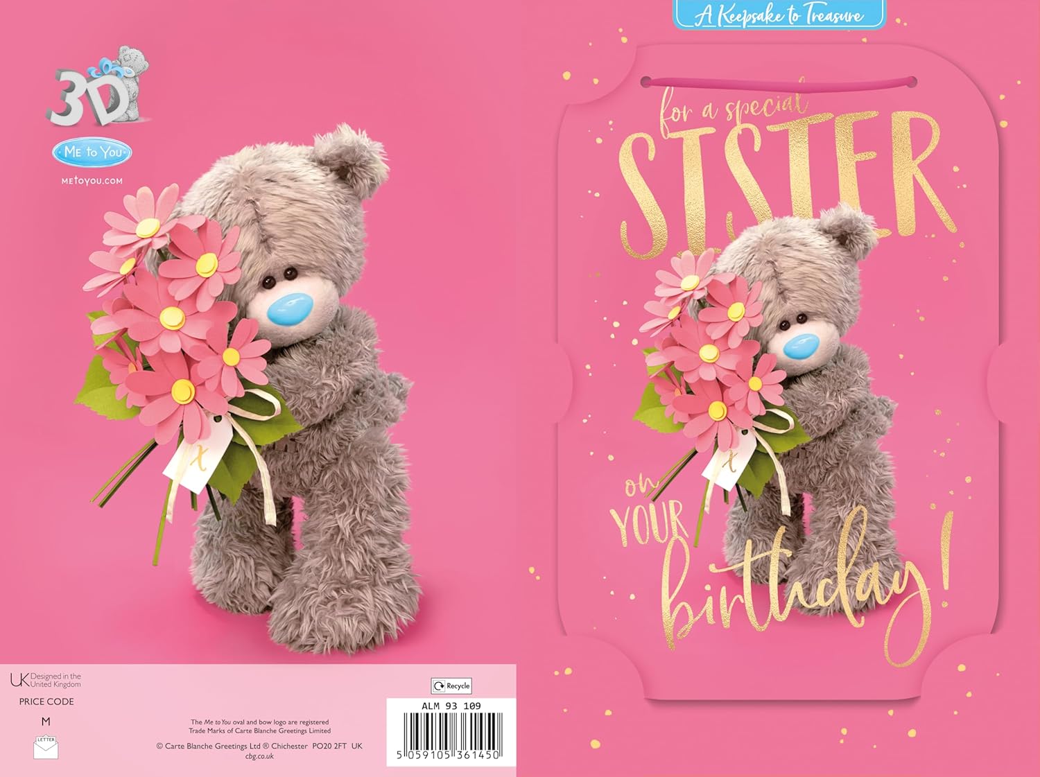 Bear With Flowers 3D Photo Finish Keepsake Special Sister Birthday Card