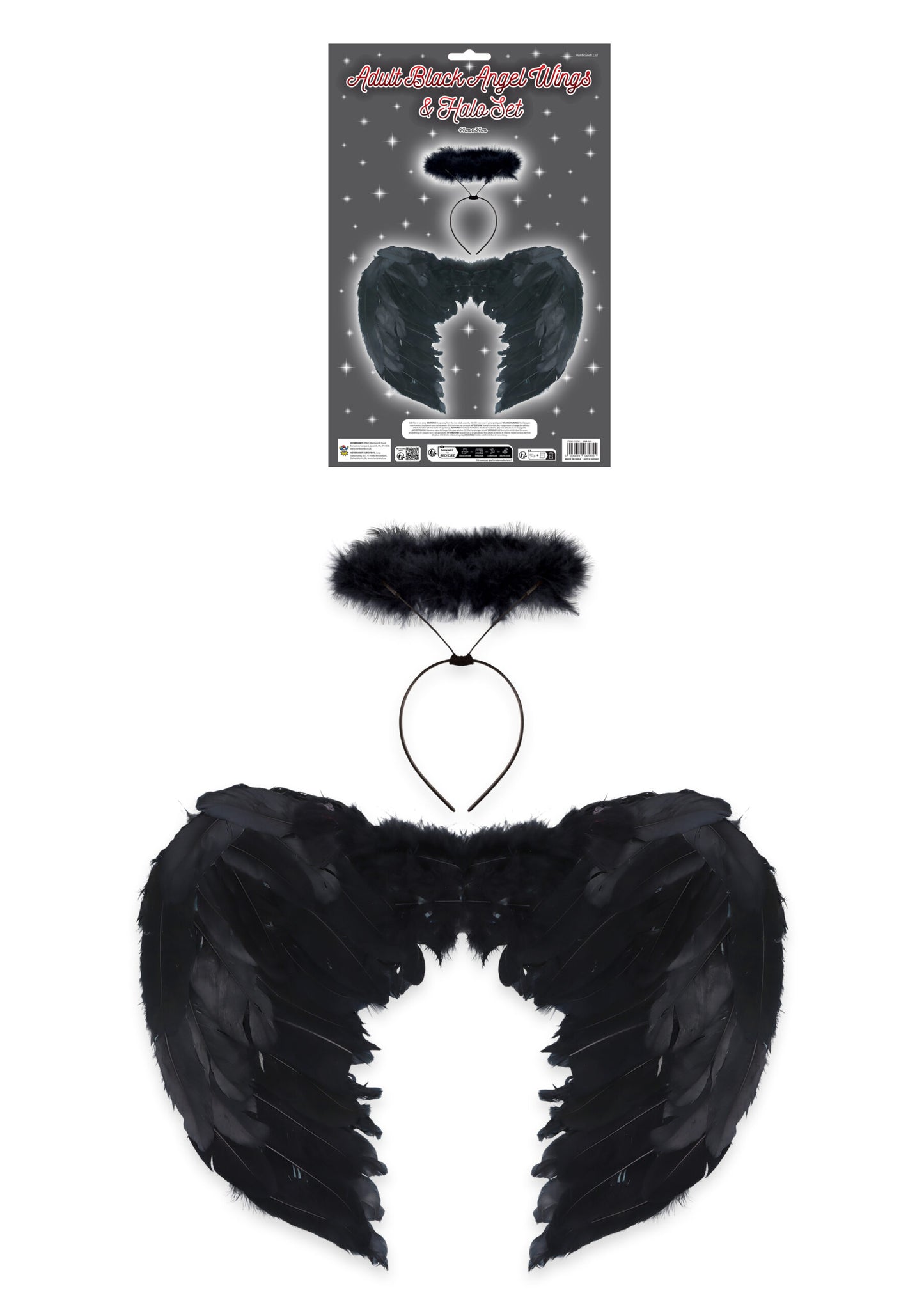 Pack of 2 Pieces Adult Black Angel Wings and Black Halo Fancy Dress Set