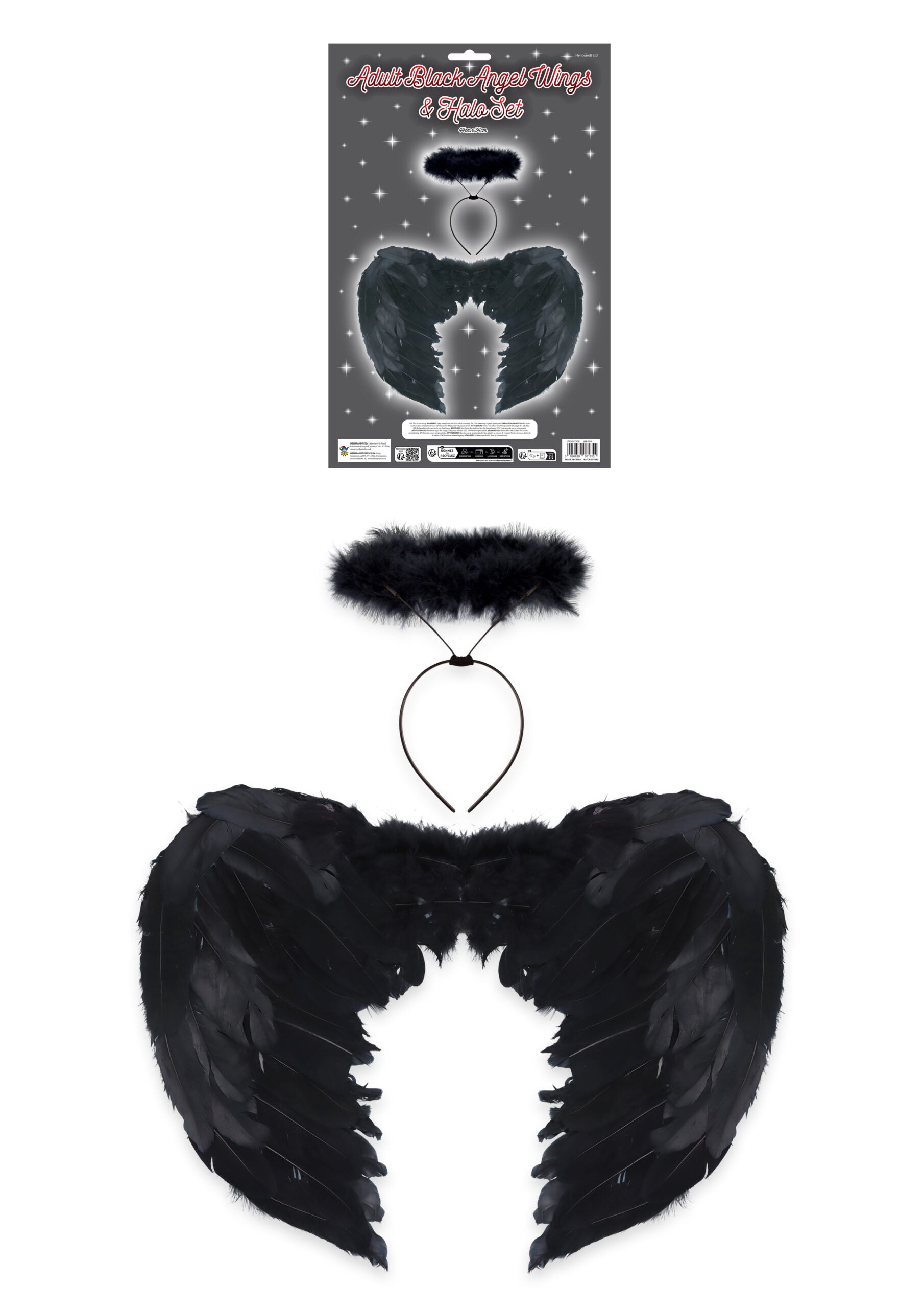 Pack of 2 Pieces Adult Black Angel Wings and Black Halo Fancy Dress Set