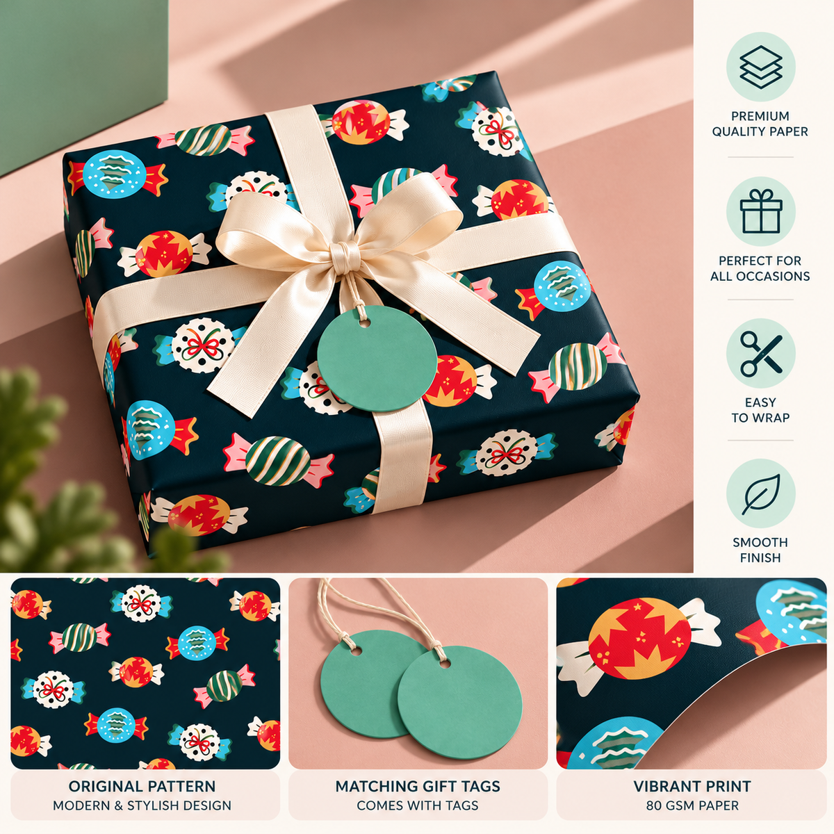 Pack of 2 Wrapped Wishes Design 50 x 70 cm Gift Wrap Sheets with 2 Tags - Halloween Birthdays Everyday Celebrations