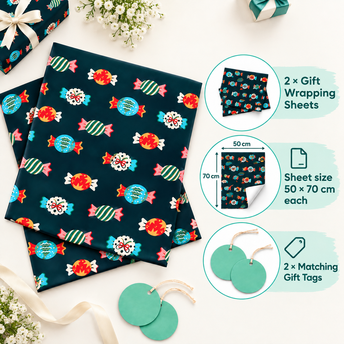Pack of 2 Wrapped Wishes Design 50 x 70 cm Gift Wrap Sheets with 2 Tags - Halloween Birthdays Everyday Celebrations