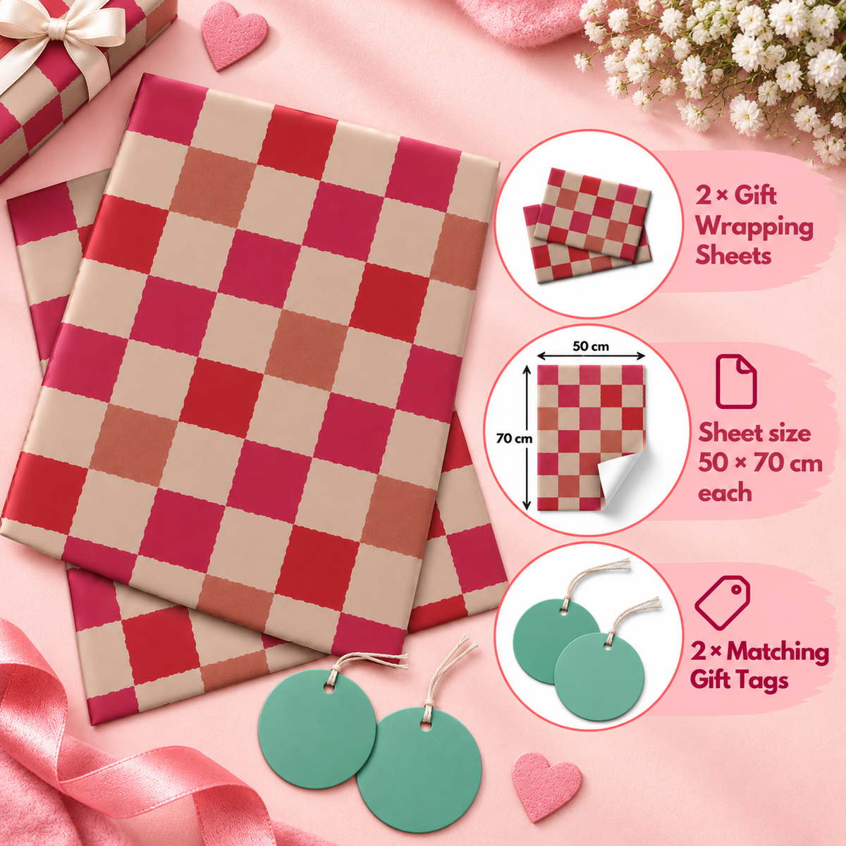 Pack of 2 Picnic Check Design 50 x 70 cm Gift Wrap Sheets with 2 Tags - Christmas Birthdays Kids Party Holiday Gifting