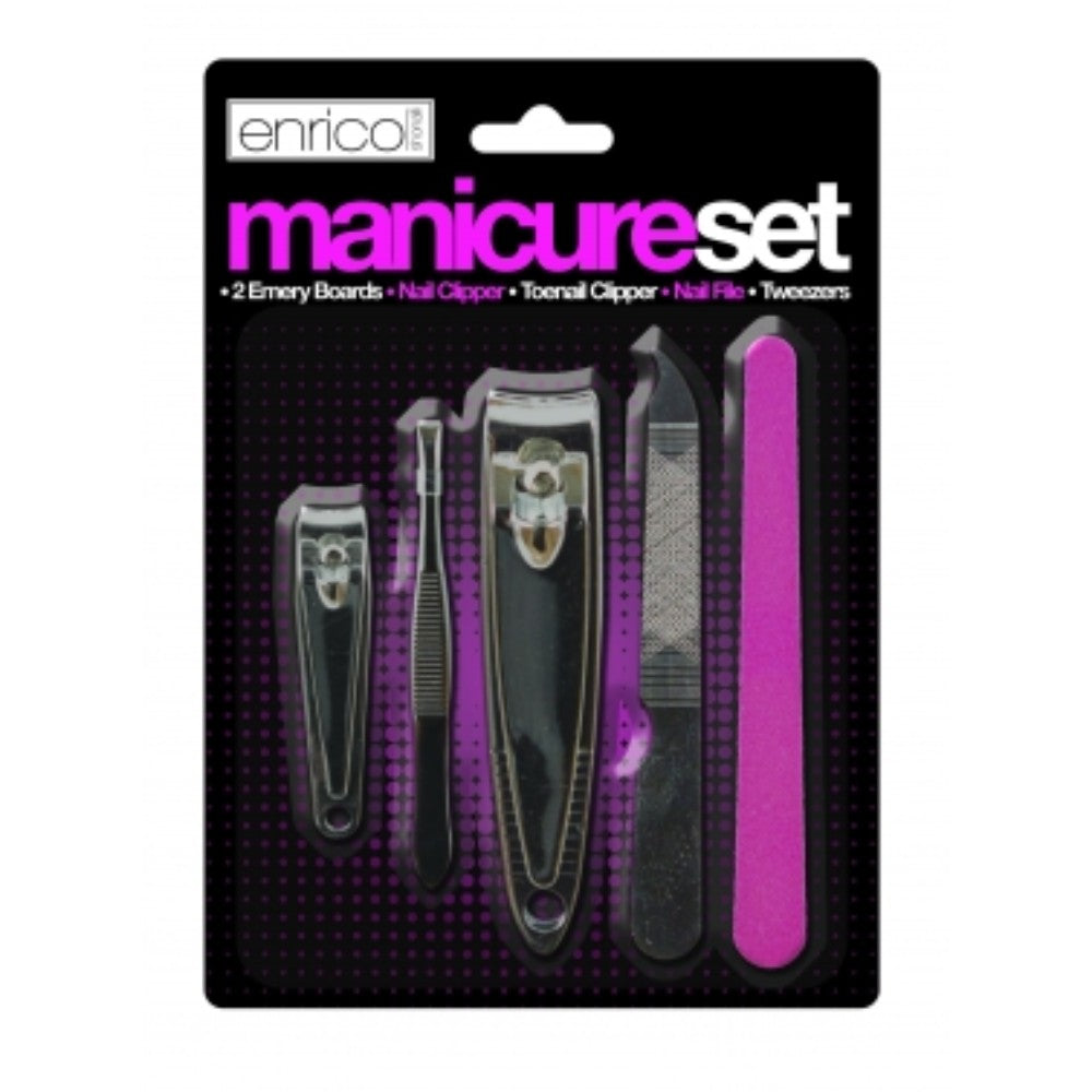 Quality Manicure Set, 5 Different Items In Total: 2x Emery Boards, Nail Clipper, Toenail Clipper, Nail File And Tweezers {DC}