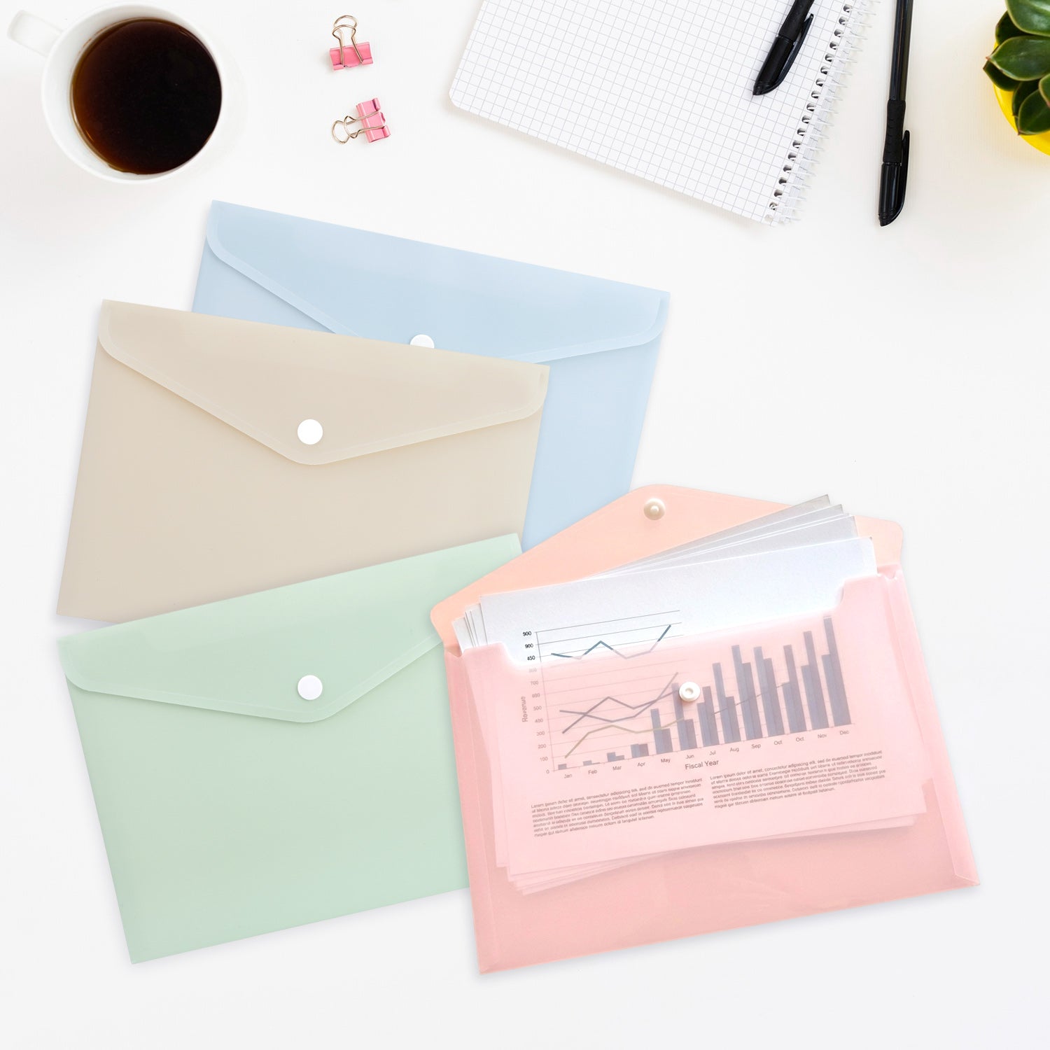 Pack of 12 A4 Light Pastel Green Soft Touch Plastic Document Wallets with Button Closure