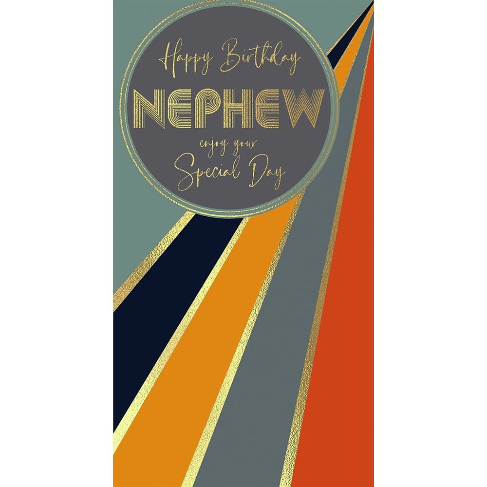 Nephew Birthday Card, Retro Design with Gold Foil Finish