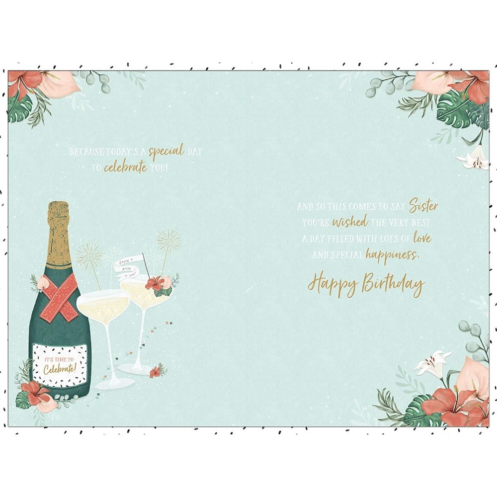 Sister Birthday Card Champagne and Floral Design 