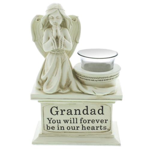 Graveside Memorial Angel Cherub Praying Kneeling with Glass T Lite Holder Cream Stone Finish - Grandad