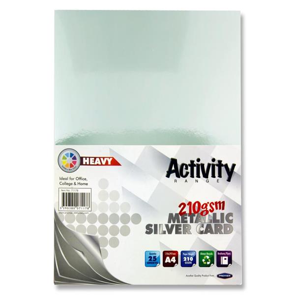 Pack of 25 A4 Metallic Silver Card Sheets by Premier Activity