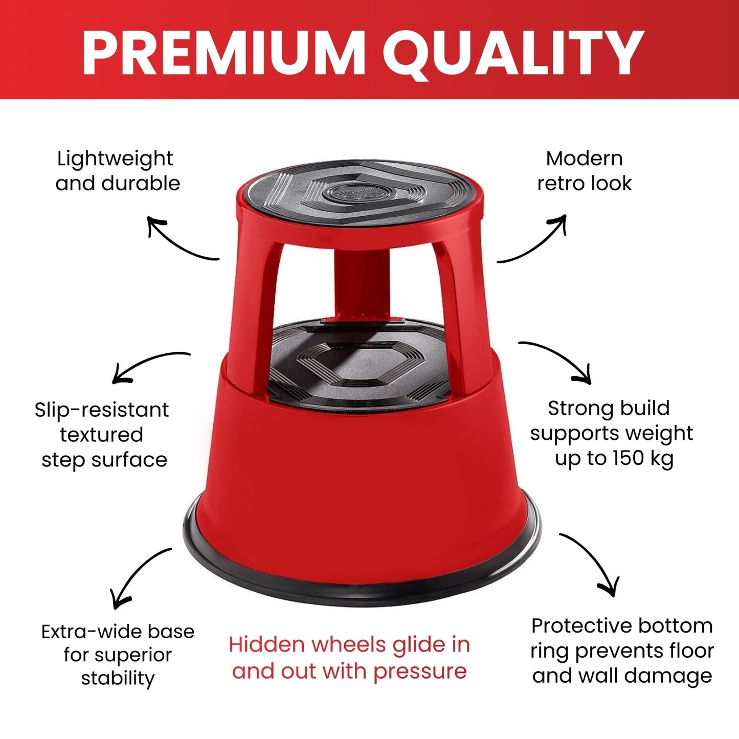 Black Metal Rolling Kick Step Stool with 150kg Capacity