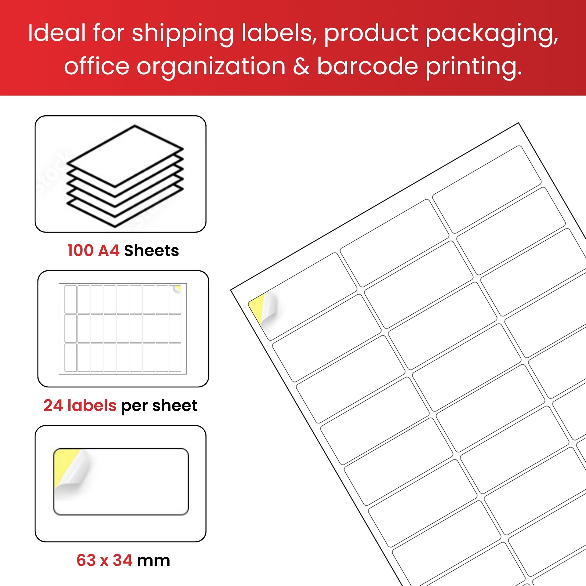 Pack of 2400 White 63x34mm Self Adhesive Labels (24 Labels per A4 Sheet)