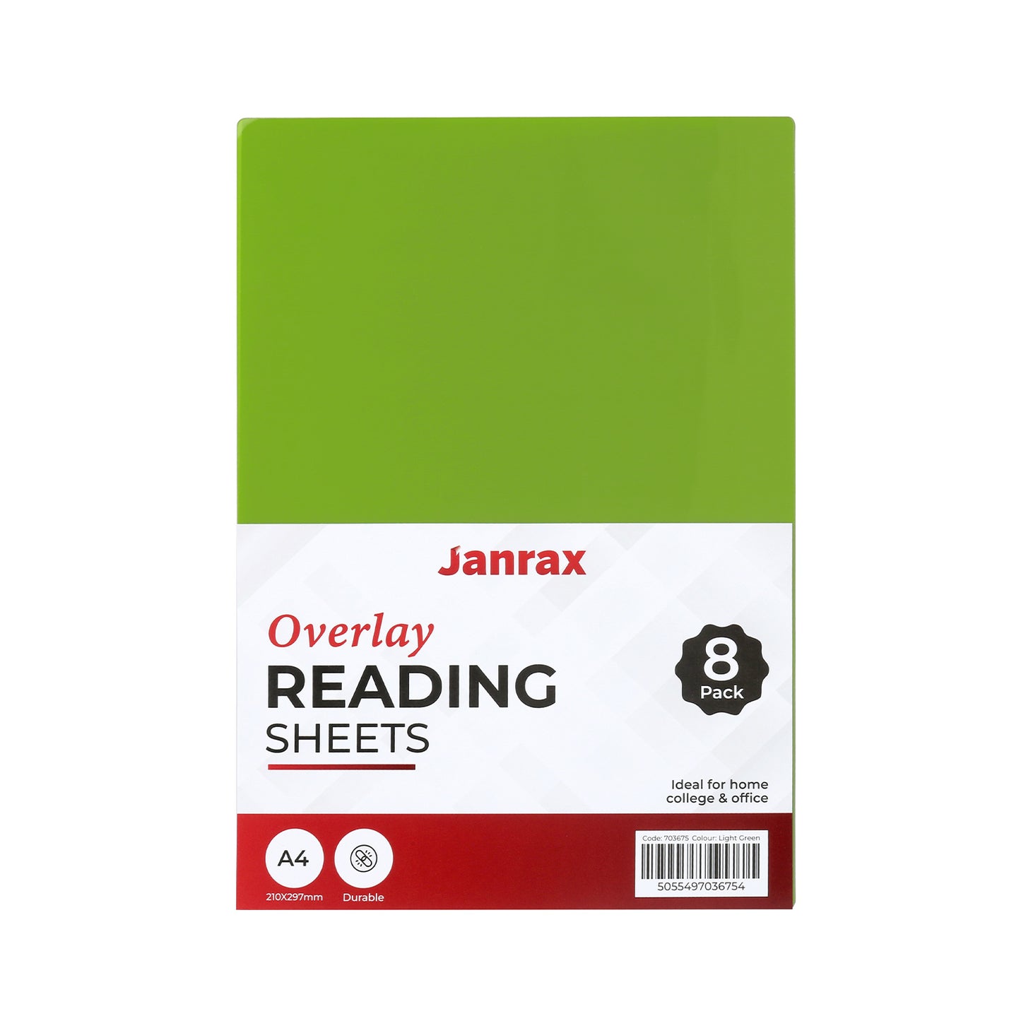 Pack of 8 A4 Plain Light Green Dyslexia Overlay Reading Sheets – PET Material, Rounded Corners
