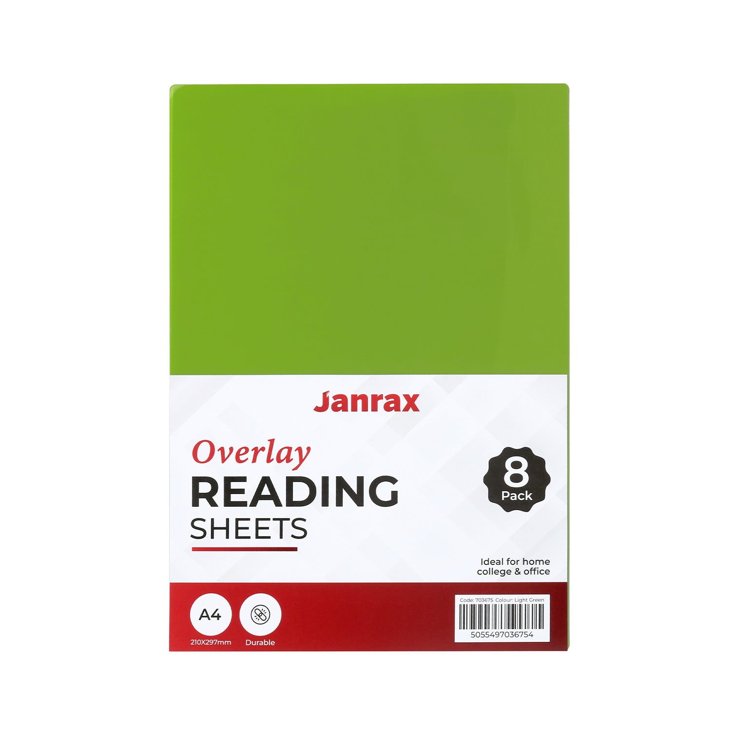 Pack of 8 A4 Plain Light Green Dyslexia Overlay Reading Sheets – PET Material, Rounded Corners