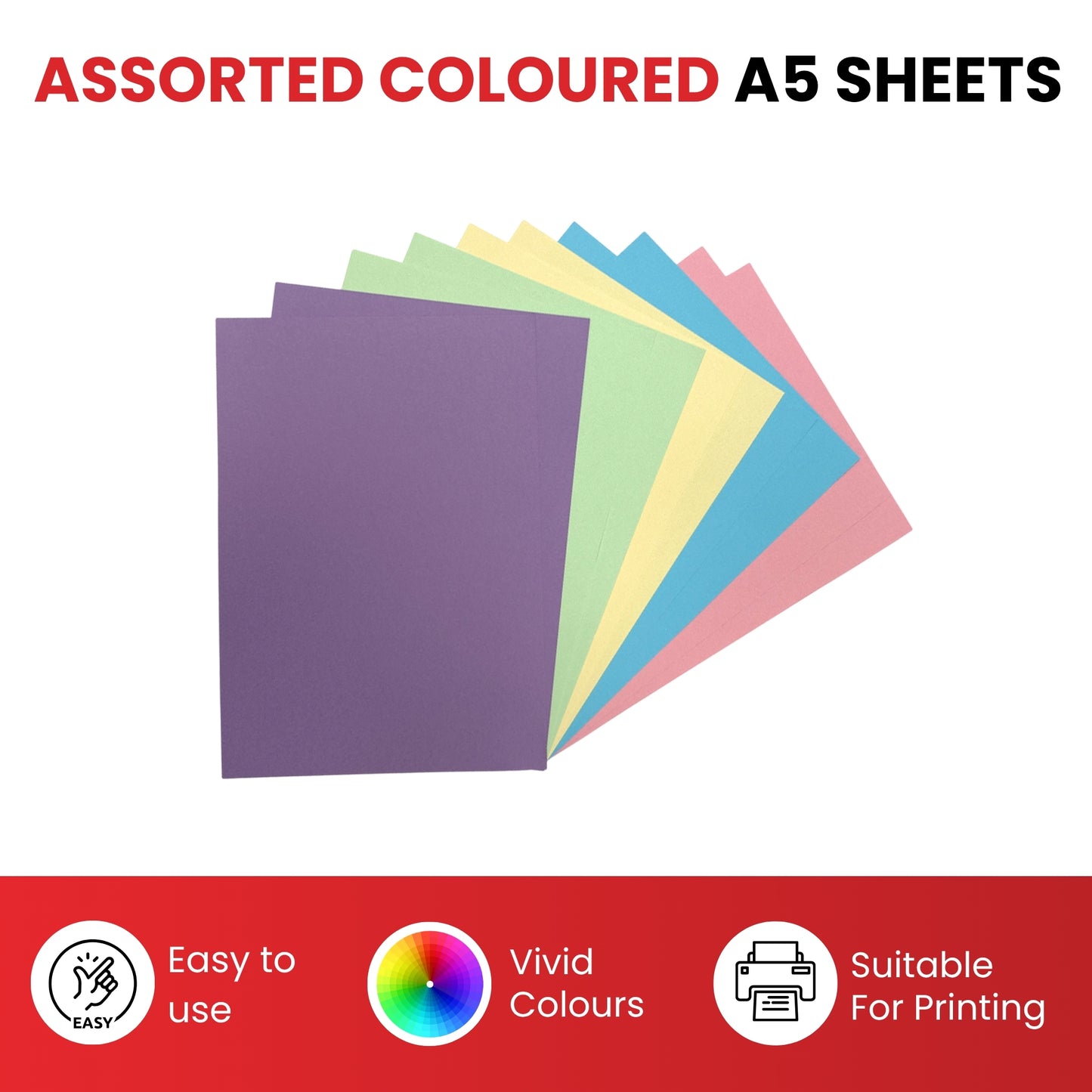 Pack of 100 A5 Assorted Pastel Coloured Paper 75gsm Sheets