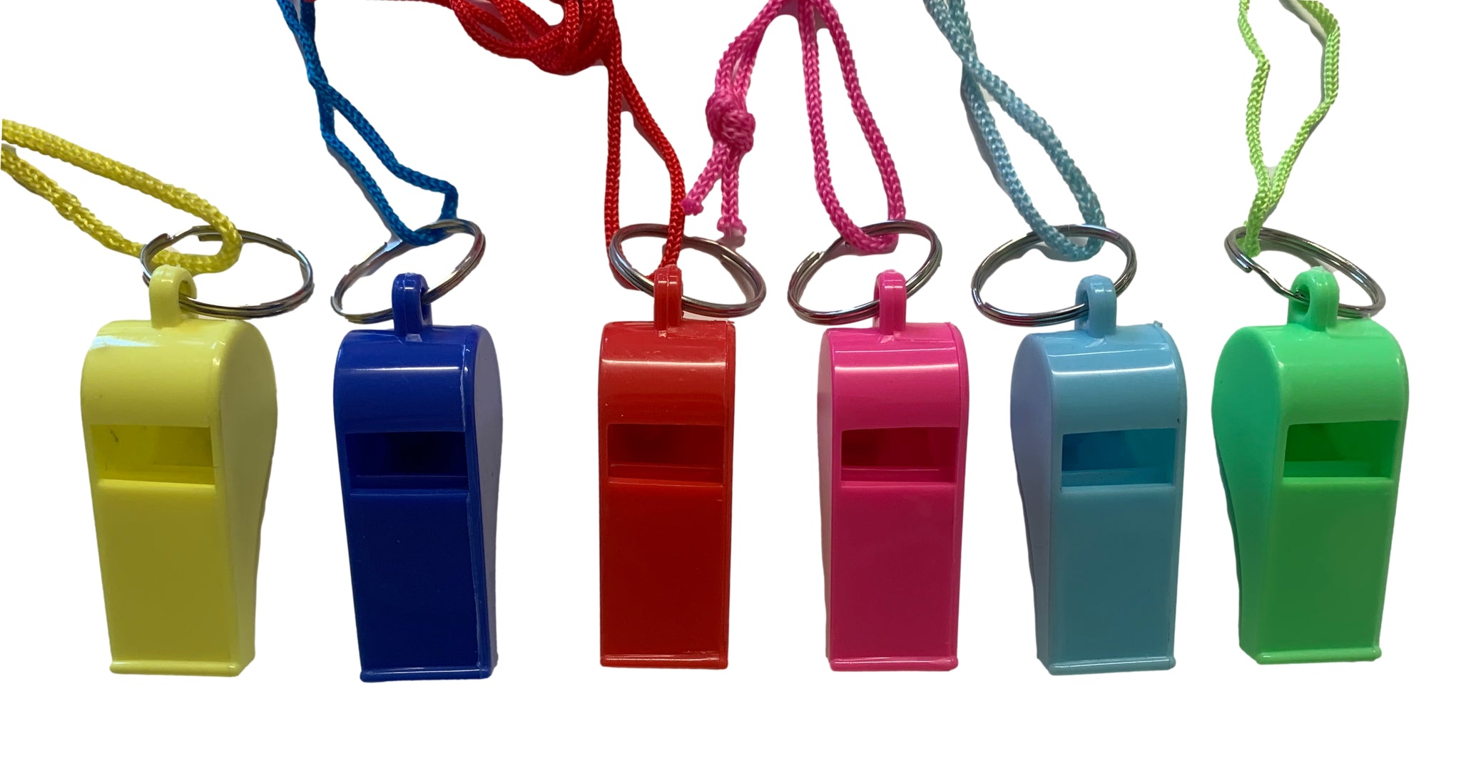 Bag of 10 Assorted Coloured Plastic Whistles with Lanyard Neck Cord