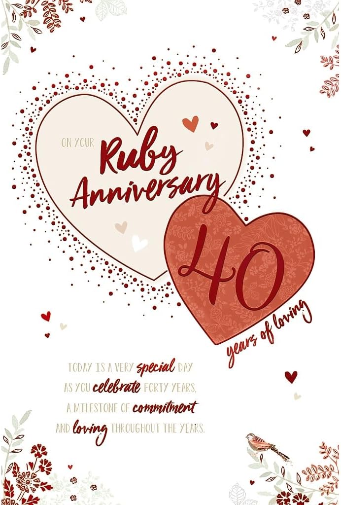 Ruby 40th Wedding Anniversary Card Heart Design with Floral Details 