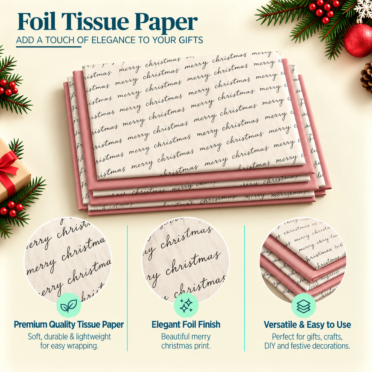 Pack of 8 Merry Christmas Script Luxury Silver Foil Design & Plain Pink 50 x 70 cm Tissue Sheets