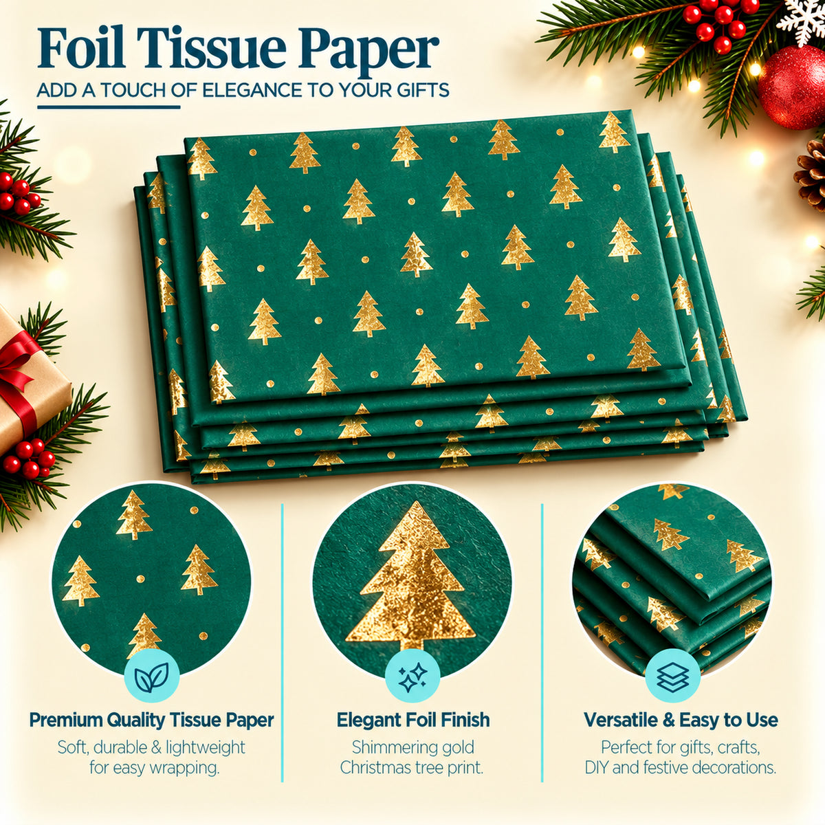 Pack of 5 Christmas Tree Dots Design 50 x 70 cm Luxury Gold Foil Tissue Sheets