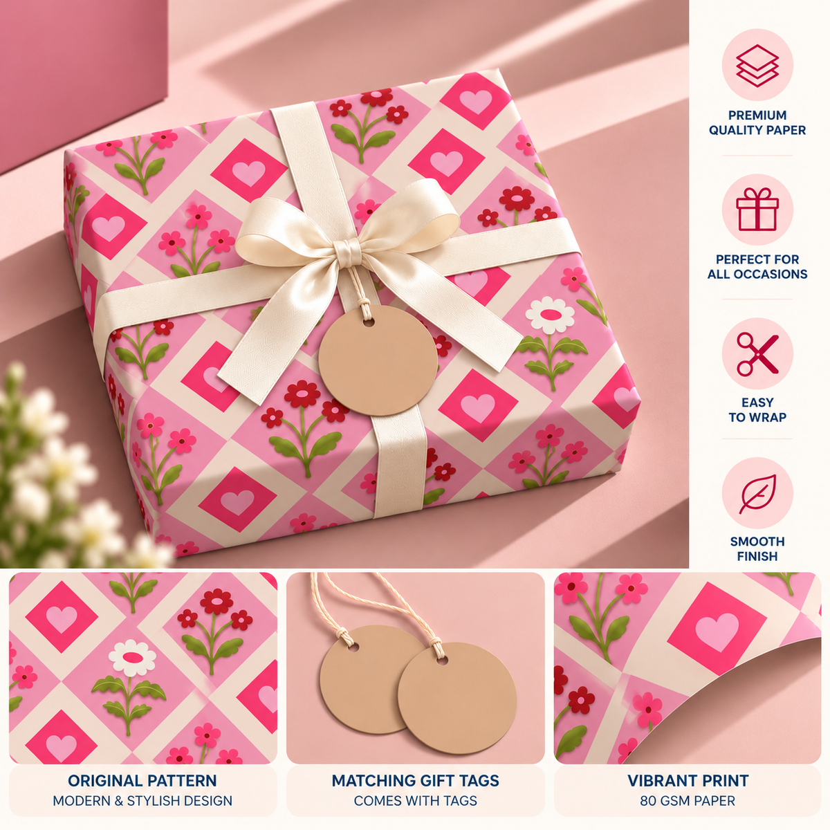 Pack of 2 Petal Checks Design 50 x 70 cm Gift Wrap Sheets with 2 Tags - Valentine’s Mother's Day Birthdays Everyday Celebrations