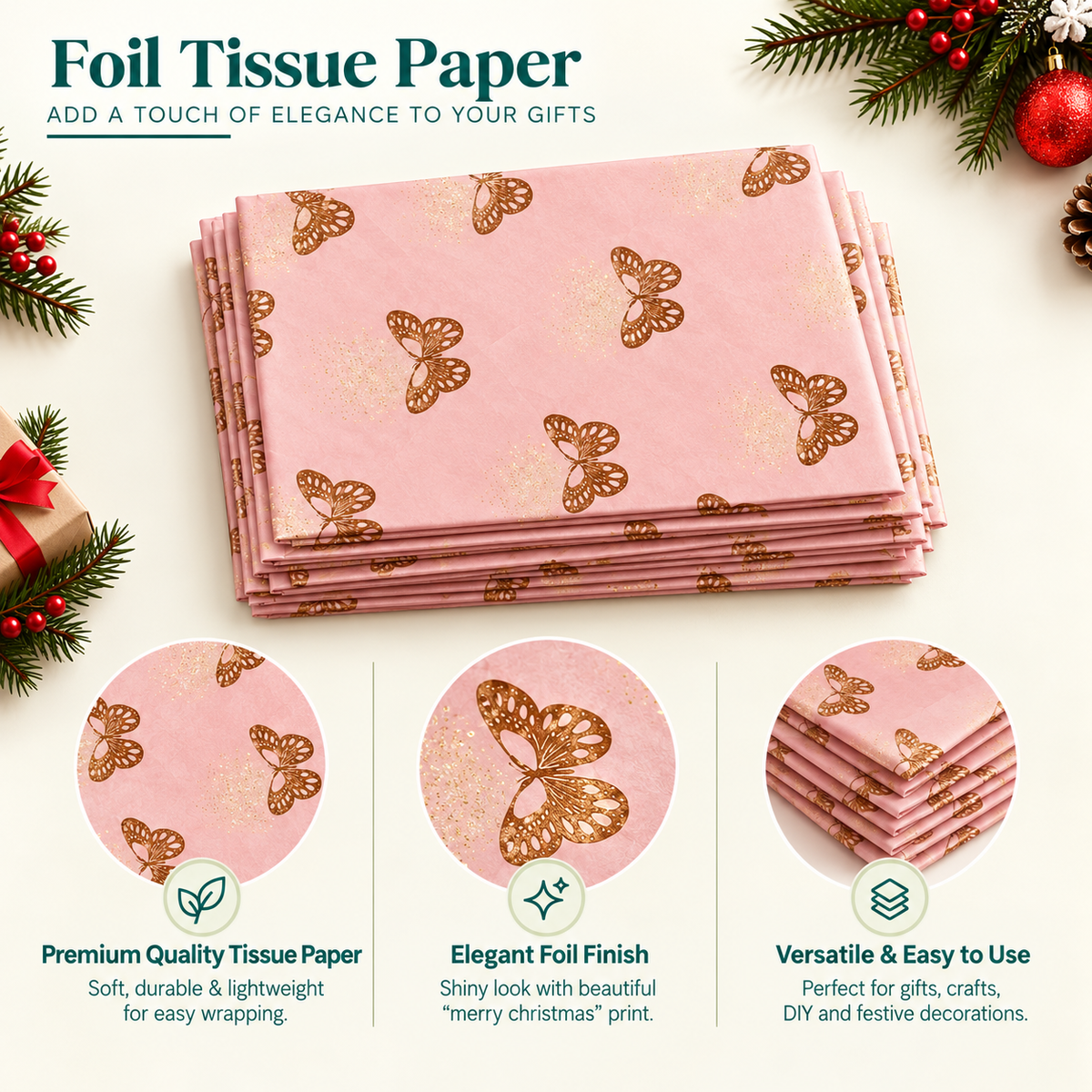 Pack of 5 Fluttering Butterflies Design 50 x 70 cm Luxury Gold Foil Tissue Sheets - Summer, Holiday, Spring